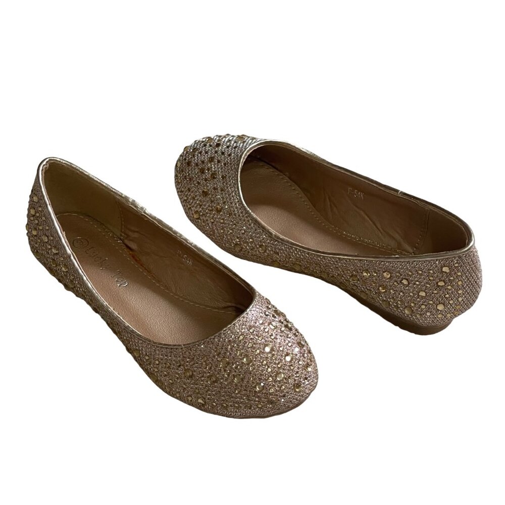 Lucky Top Toddler Girl Gold Sparkle Rhinestone Glitter Ballet Flat Dress Shoe 9 - Picture 3 of 6